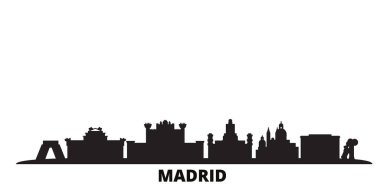 İspanya, Madrid silueti izole edilmiş vektör çizimi. İspanya ve Madrid siyah şehir manzarasıyla seyahat ediyor