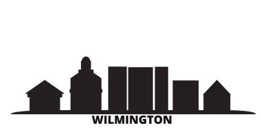 Birleşik Devletler, Wilmington şehrinin ufuk çizgisi izole edilmiş vektör çizimi. ABD ve Wilmington siyah şehir manzarası ile seyahat ediyor