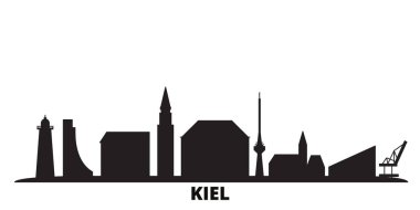 Almanya, Kiel şehri silueti izole edilmiş vektör çizimi. Almanya ve Kiel siyah şehir manzarası ile seyahat ediyor