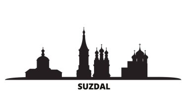 Rusya, Suzdal şehri silueti izole edilmiş vektör çizimi. Rusya ve Suzdal siyah şehir manzarası ile seyahat ediyor