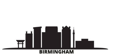 Birleşik Devletler, Birmingham şehrinin ufuk çizgisi izole edilmiş vektör çizimi. Birleşik Devletler ve Birmingham siyah şehir manzarası ile seyahat ediyor