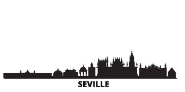 İspanya, Sevilla şehri silueti izole edilmiş vektör çizimi. İspanya ve Sevilla siyah şehir manzarasıyla seyahat ediyor