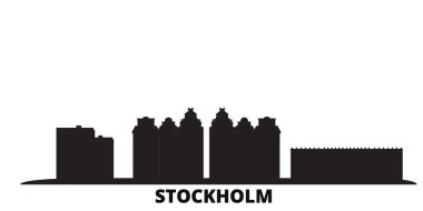İsveç, Stockholm City silueti izole vektör çizimi. İsveç ve Stockholm Şehri siyah şehir manzarası ile seyahat ediyor