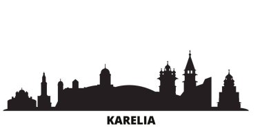 Rusya ve Karelia şehrinin silueti izole edilmiş vektör çizimi. Rusya ve Karelia siyah şehir manzarası ile seyahat ediyorlar