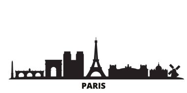 Fransa, Paris şehir silueti izole vektör çizimi. Fransa ve Paris siyah şehir manzarası ile seyahat ediyor