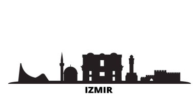 Türkiye ve İzmir 'in ufuk çizgisi izole edilmiş vektör çizimi. Türkiye ve İzmir siyah şehir manzarası ile seyahat ediyor