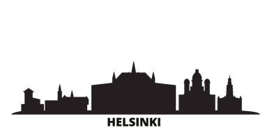 Finlandiya, Helsinki şehrinin silueti izole edilmiş vektör çizimi. Finlandiya ve Helsinki siyah şehir manzarası ile seyahat ederler