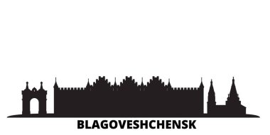 Rusya, Blagoveshchensk şehri silueti izole edilmiş vektör çizimi. Rusya ve Blagoveshchensk siyah şehir manzarası ile seyahat ediyor