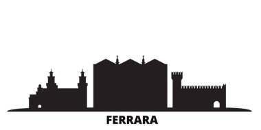 İtalya, Ferrara şehri silueti izole edilmiş vektör çizimi. İtalya ve Ferrara siyah şehir manzarası ile seyahat ediyor