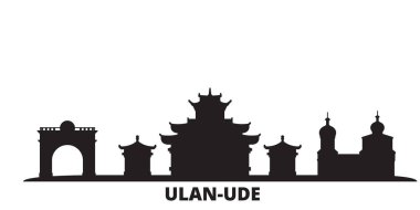 Rusya, Ulan Ude şehri silueti izole edilmiş vektör çizimi. Rusya ve Ulan Ude siyah şehir manzarası ile seyahat ediyor