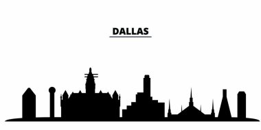 Birleşik Devletler, Dallas City silueti izole vektör çizimi. Amerika Birleşik Devletleri ve Dallas Şehri siyah şehir manzarası ile seyahat ediyor