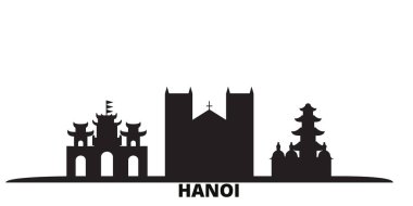 Vietnam, Hanoi şehri silueti izole vektör çizimi. Vietnam, Hanoi siyah şehirlerde seyahat ediyor.