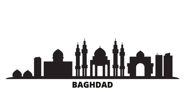 Iraq, ciudad de Bagdad skyline ilustración vectorial aislado. Irak, Bagdad viajes negro paisaje urbano — Vector de stock