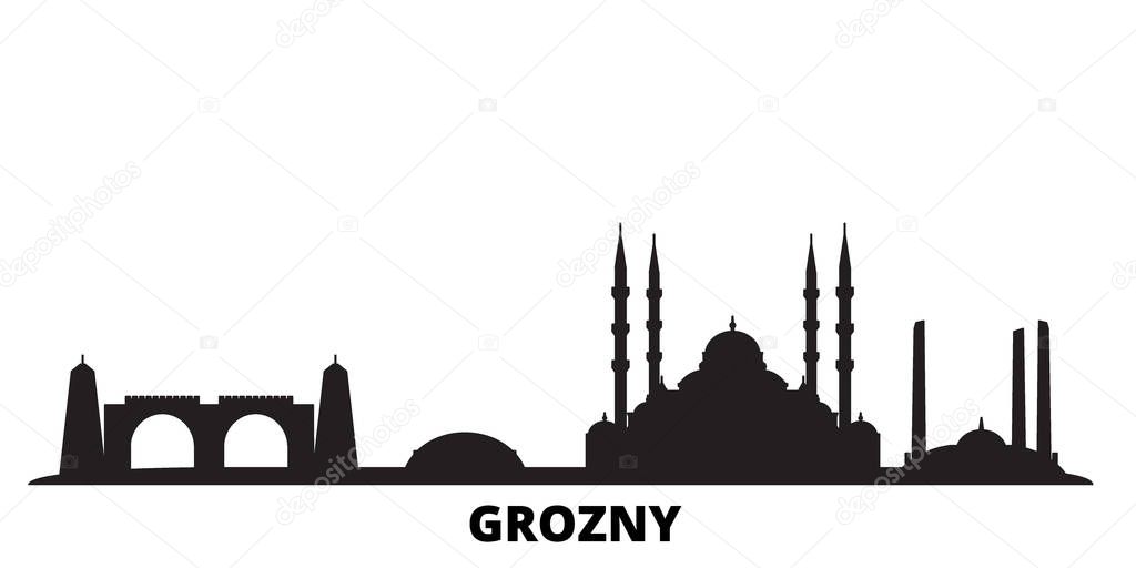 Russia, Grozny city skyline isolated vector illustration. Russia, Grozny travel black cityscape
