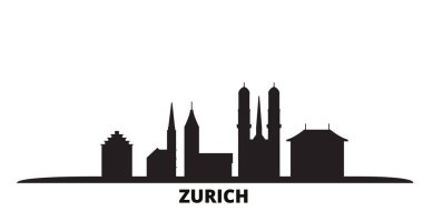 İsviçre, Zürih şehir silueti izole vektör çizimi. İsviçre ve Zürih siyah şehir manzarası ile seyahat ediyor