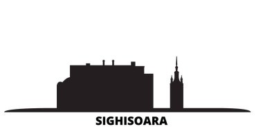 Romanya ve Sighisoara şehir silueti izole edilmiş vektör çizimi. Romanya ve Sighisoara siyah şehir manzarasında seyahat ediyorlar
