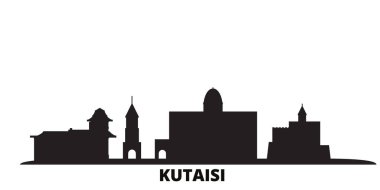 Georgia, Kutaisi şehrinin silueti izole edilmiş vektör çizimi. Gürcistan ve Kutaisi siyah şehir manzarası ile seyahat ediyor