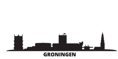 Hollanda, Groningen şehrinin ufuk çizgisi izole edilmiş vektör çizimi. Hollanda, Groningen siyah şehir manzarası ile seyahat eder