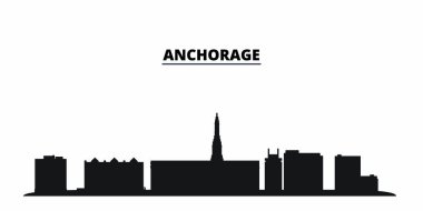 Birleşik Devletler, Anchorage City silueti izole edilmiş vektör çizimi. Amerika Birleşik Devletleri ve Anchorage Şehri siyah şehir manzarası ile seyahat ediyor