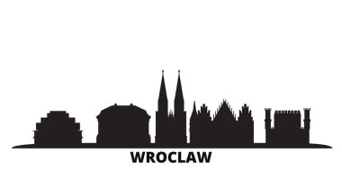 Polonya, Wroclaw şehri silueti izole edilmiş vektör çizimi. Polonya ve Wroclaw siyah şehir manzarası ile seyahat ediyor
