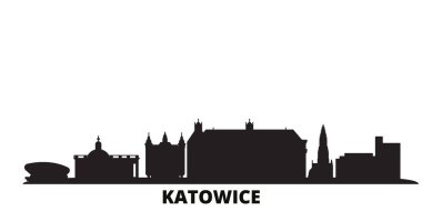 Polonya, Katowice şehri silueti izole edilmiş vektör çizimi. Polonya ve Katowice siyah şehir manzarası ile seyahat ediyor
