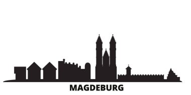Almanya, Magdeburg şehir silueti izole vektör çizimi. Almanya ve Magdeburg siyah şehir manzarası ile seyahat ediyor