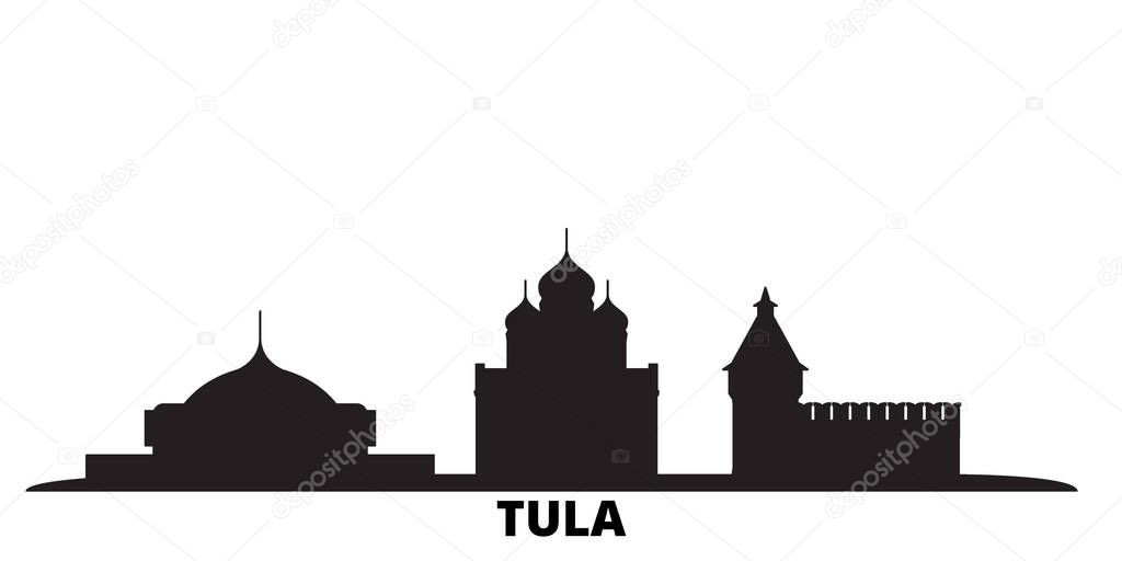 Russia, Tula city skyline isolated vector illustration. Russia, Tula travel black cityscape