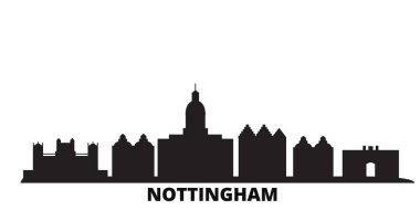 Birleşik Krallık, Nottingham şehrinin silueti izole edilmiş vektör çizimi. İngiltere ve Nottingham siyah şehir manzarası ile seyahat ediyor
