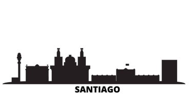 Şili, Santiago şehir silueti izole vektör çizimi. Şili ve Santiago siyah şehirlere seyahat eder