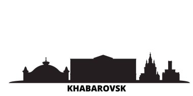Rusya, Khabarovsk şehri silueti izole edilmiş vektör çizimi. Rusya ve Khabarovsk siyah şehir manzarası ile seyahat ediyor