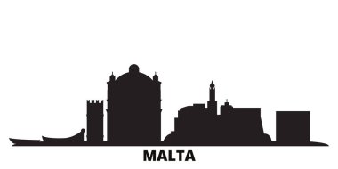 Malta şehri silueti izole edilmiş vektör çizimi. Malta siyah şehir manzarası ile seyahat eder