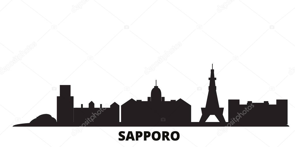 Japan, Sapporo city skyline isolated vector illustration. Japan, Sapporo travel black cityscape