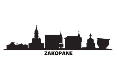 Polonya, Zakopane şehri silueti izole edilmiş vektör çizimi. Polonya ve Zakopane siyah şehir manzarası ile seyahat ediyor