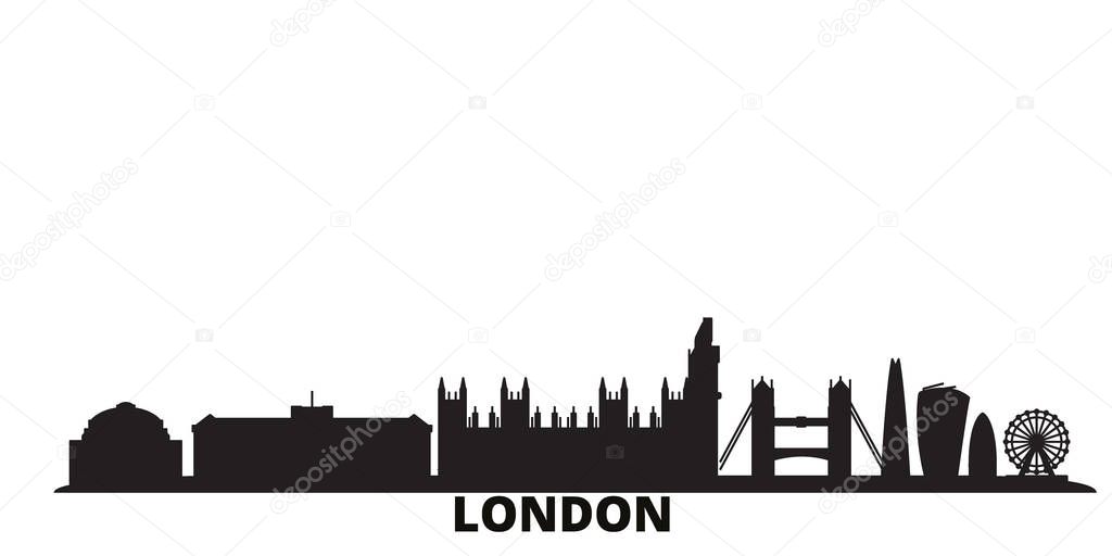 United Kingdom, London city skyline isolated vector illustration. United Kingdom, London travel black cityscape