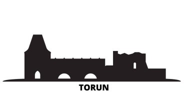 Polonya, Torun Şehri silueti izole edilmiş vektör çizimi. Polonya ve Torun Şehri siyah şehir manzarası ile seyahat ediyor