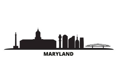 Birleşik Devletler, Maryland şehri silueti izole edilmiş vektör çizimi. ABD ve Maryland siyah şehir manzarası ile seyahat ediyor