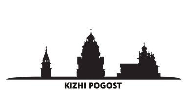 Rusya, Kizhi Pogost şehri silueti izole edilmiş vektör çizimi. Rusya ve Kizhi Pogost siyah şehir manzarasında seyahat ediyorlar