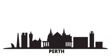 Avustralya, Perth City silueti izole vektör çizimi. Avustralya ve Perth siyah şehir manzarası ile seyahat ediyor