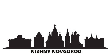 Rusya, Nizhny Novgorod şehri silueti izole edilmiş vektör çizimi. Rusya ve Nizhny Novgorod siyah şehir manzarasında seyahat ediyorlar