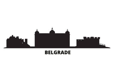 Sırbistan ve Belgrad şehir silueti izole edilmiş vektör çizimi. Sırbistan ve Belgrad siyah şehir manzarası ile seyahat ediyorlar