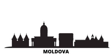 Moldova şehri silueti izole edilmiş vektör çizimi. Moldova siyah şehir manzarası ile seyahat ediyor