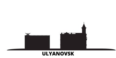Rusya, Ulyanovsk şehri silueti izole edilmiş vektör çizimi. Rusya ve Ulyanovsk siyah şehir manzarası ile seyahat ediyor
