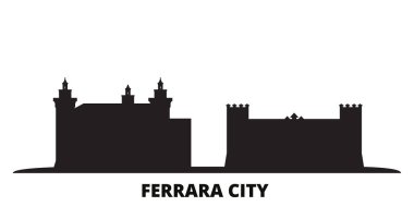 İtalya, Ferrara City silueti izole vektör çizimi. İtalya ve Ferrara Şehri siyah şehir manzarası ile seyahat ediyor
