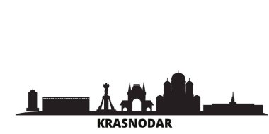 Rusya, Kransodar City silueti izole edilmiş vektör çizimi. Rusya ve Kransodar Şehri siyah şehir manzarası ile seyahat ediyor