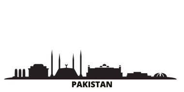 Pakistan, İslamabad şehrinin silueti izole edilmiş vektör çizimi. Pakistan ve İslamabad siyah şehir manzarası ile seyahat ediyor