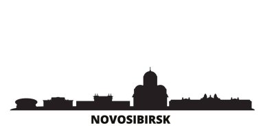 Rusya, Novosibirsk şehri silueti izole edilmiş vektör çizimi. Rusya ve Novosibirsk siyah şehir manzarası ile seyahat ediyor