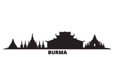 Burma şehrinin silueti izole edilmiş vektör çizimi. Burma siyah şehir manzarası ile seyahat eder