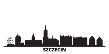 Polonya, Szczecin şehri silueti izole edilmiş vektör çizimi. Polonya ve Szczecin siyah şehir manzarası ile seyahat ediyorlar
