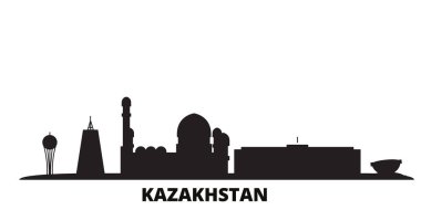 Kazakistan şehrinin silueti izole edilmiş vektör çizimi. Kazakistan siyah şehir manzarası ile seyahat ediyor