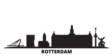 Hollanda, Rotterdam şehrinin ufuk çizgisi izole edilmiş vektör çizimi. Hollanda, Rotterdam siyah şehir manzarası ile seyahat ediyor